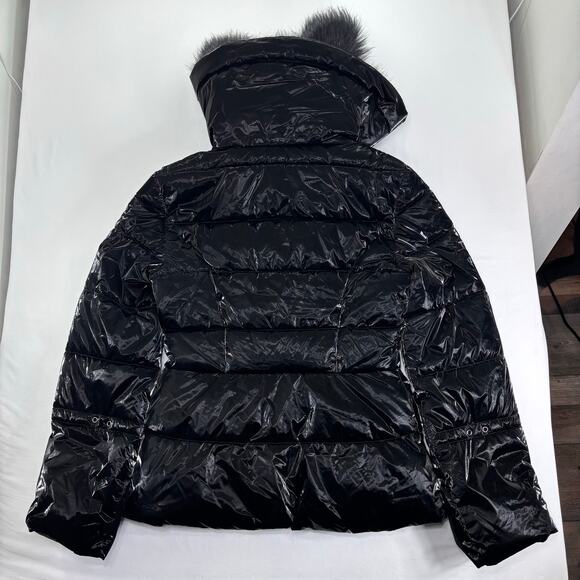 NWT GUESS Black Puffer Jacket Faux Fur Collar Shiny Stretch Womens Small Quilted - Picture 4 of 6